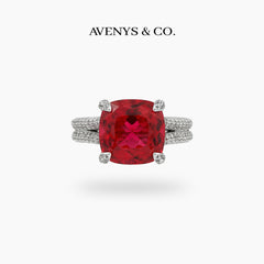 Double Shank Cocktail Ring with Red Cushion Garnet – on White Gold