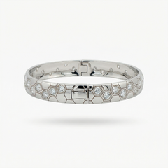Honeycomb Wide Bangle with White Round Stone – on White Gold