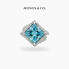 Side Radiant Ring with Aquamarine Radiant Stone – on White Gold