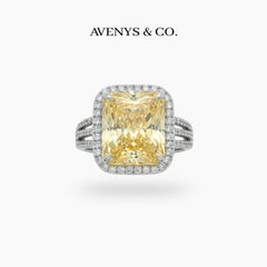 Triple Shank Radiant Ring with Yellow Radiant Stone – on White Gold