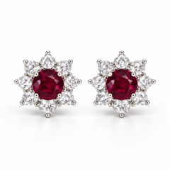 Classic Star Halo Earrings with Round Red Stone - on White Gold