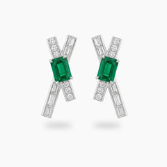 Tracks Earrings with Green Emerald Stone – on White Gold