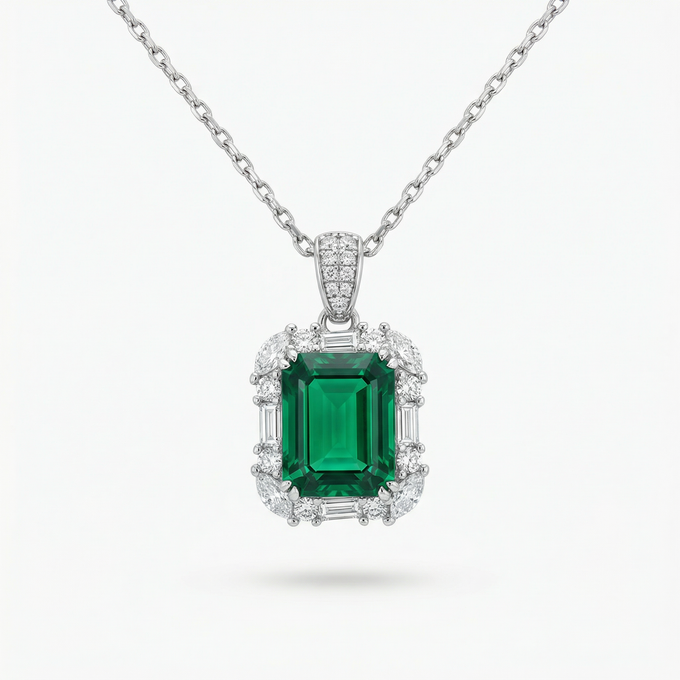 Eden Frame Necklace with Green Radiant Stone – on White Gold