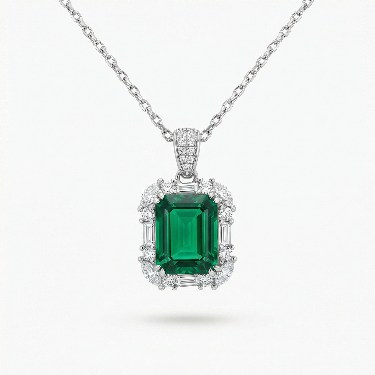 Eden Frame Necklace with Green Radiant Stone – on White Gold