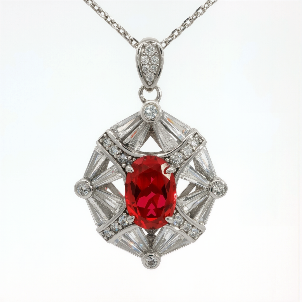 Astral Pendant Necklace with Red Oval Stone – on White Gold