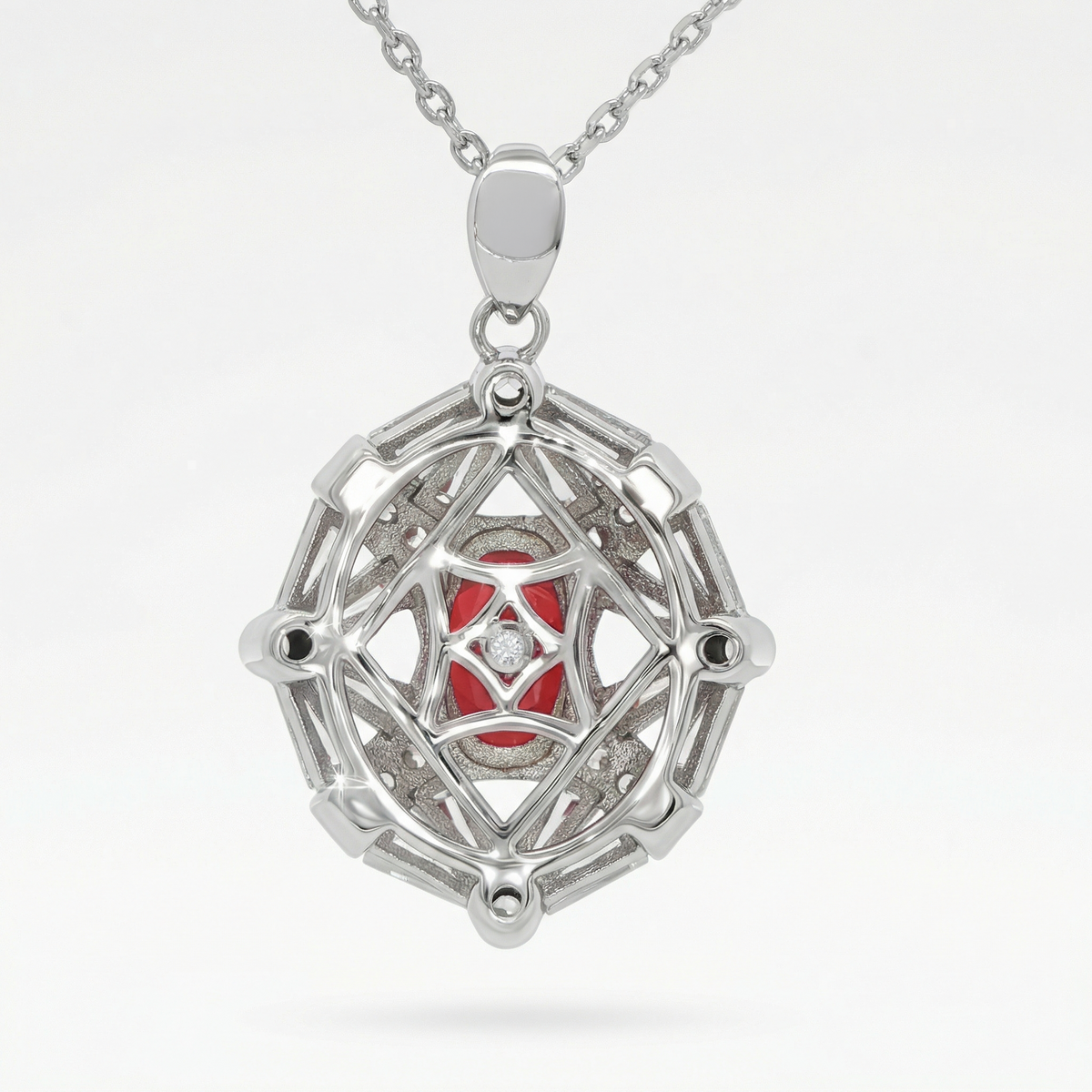 Astral Pendant Necklace with Red Oval Stone – on White Gold