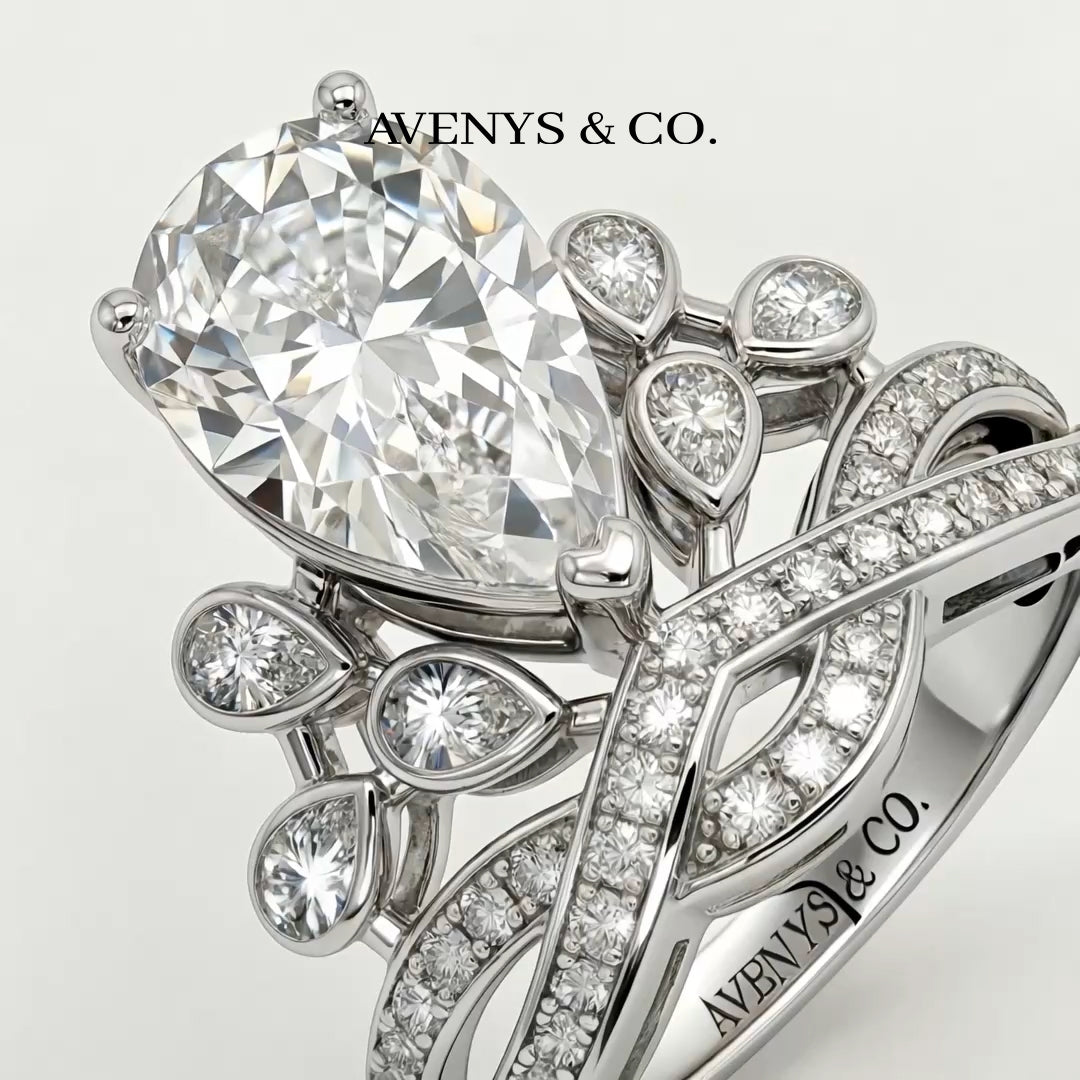 Crown Flower Ring with White Pear Stone – on White Gold