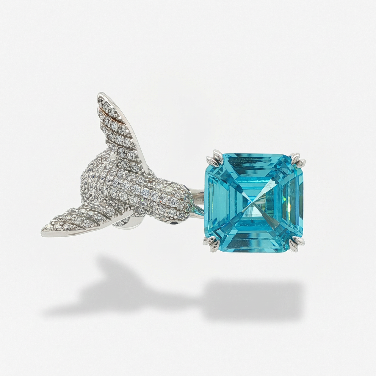Bird Nesting Ring with Aquamarine Asscher Stone – on White Gold