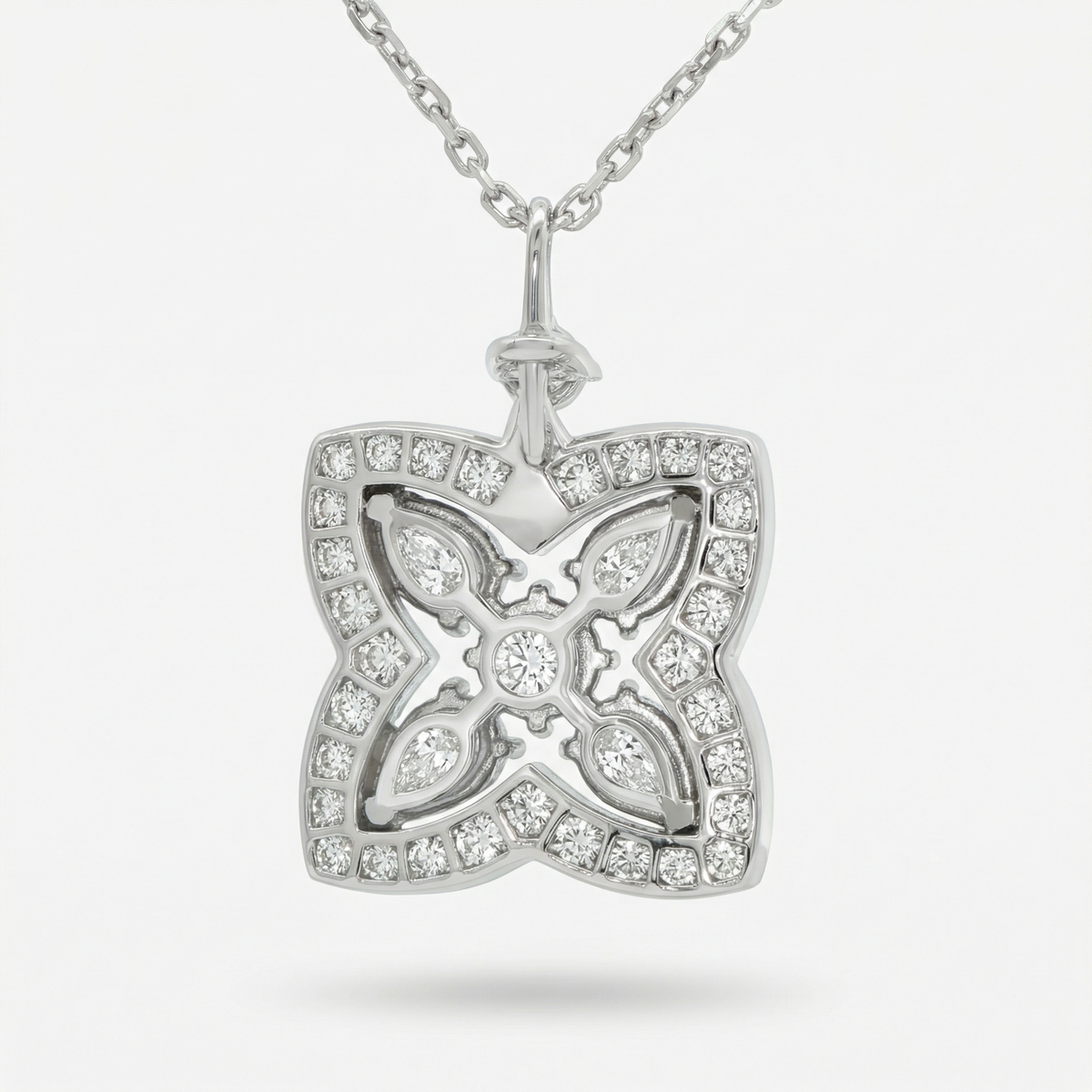 Lotus Classic Necklace with White Round Stone – on White Gold
