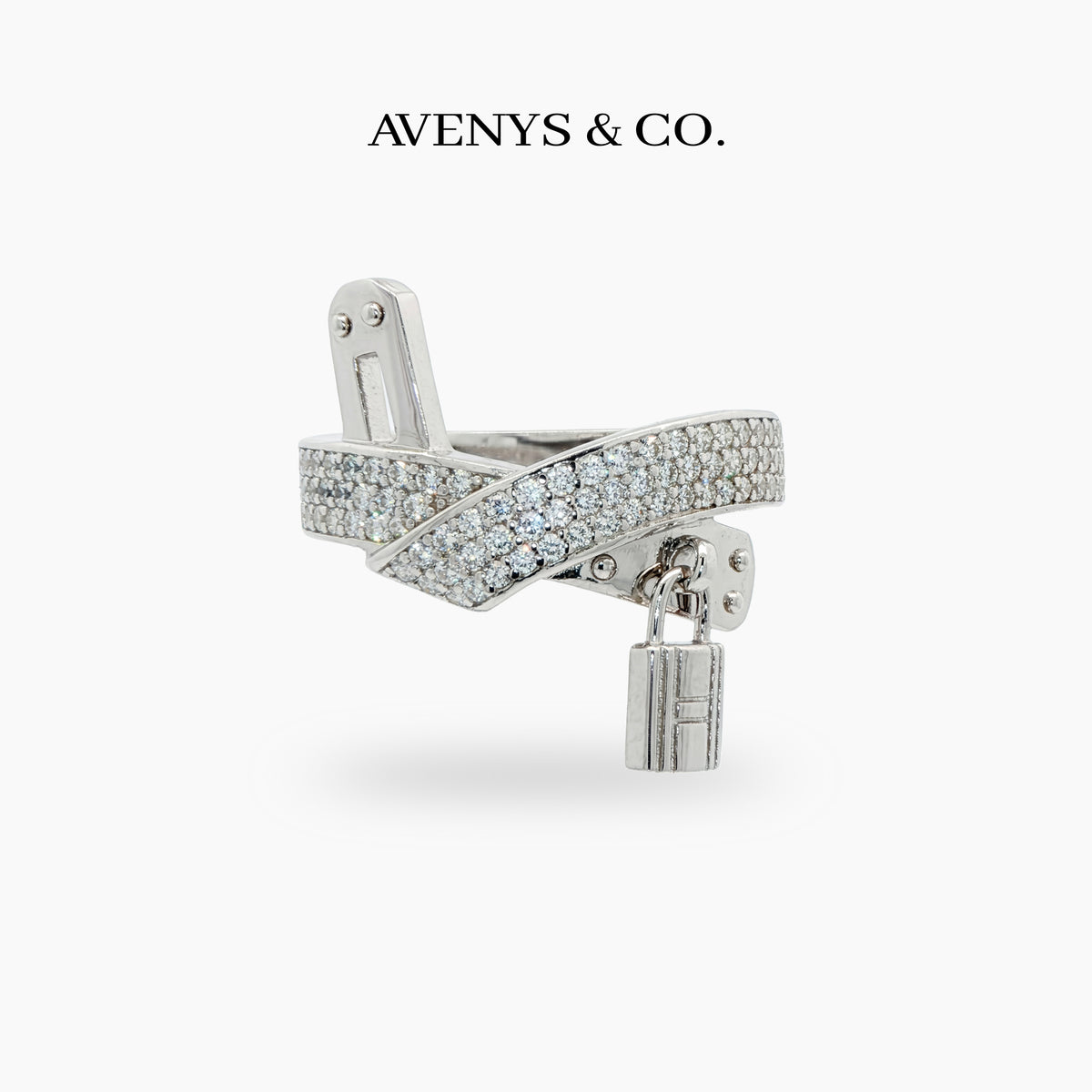 Padlock Pave Ring with White Round Stone – on White Gold