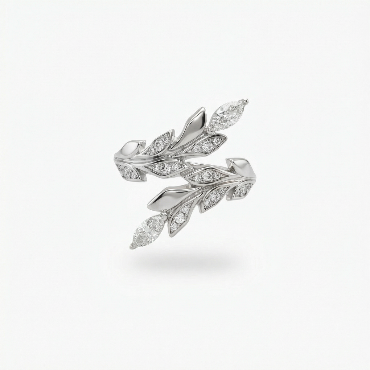 Leaf Ring with White Round Stone – on White Gold