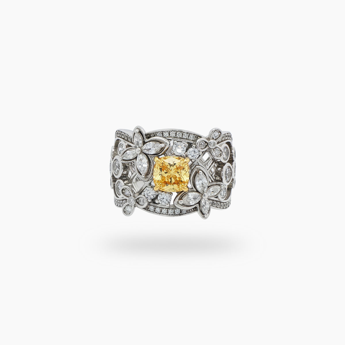 Summer Floral Ring with Yellow Cushion Stone – on White Gold