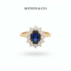 Classic Halo Ring with Blue Oval Stone – on Yellow Gold