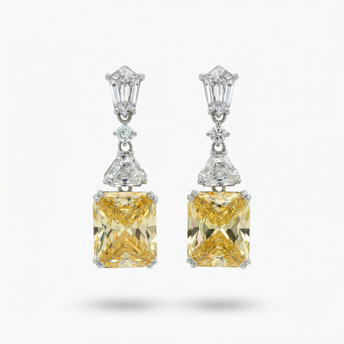 Radiant Drop Earrings with Yellow Radiant Stone – on White Gold