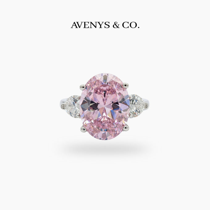 Oval Trilogy Pear Ring with Pink Oval Stone – on White Gold