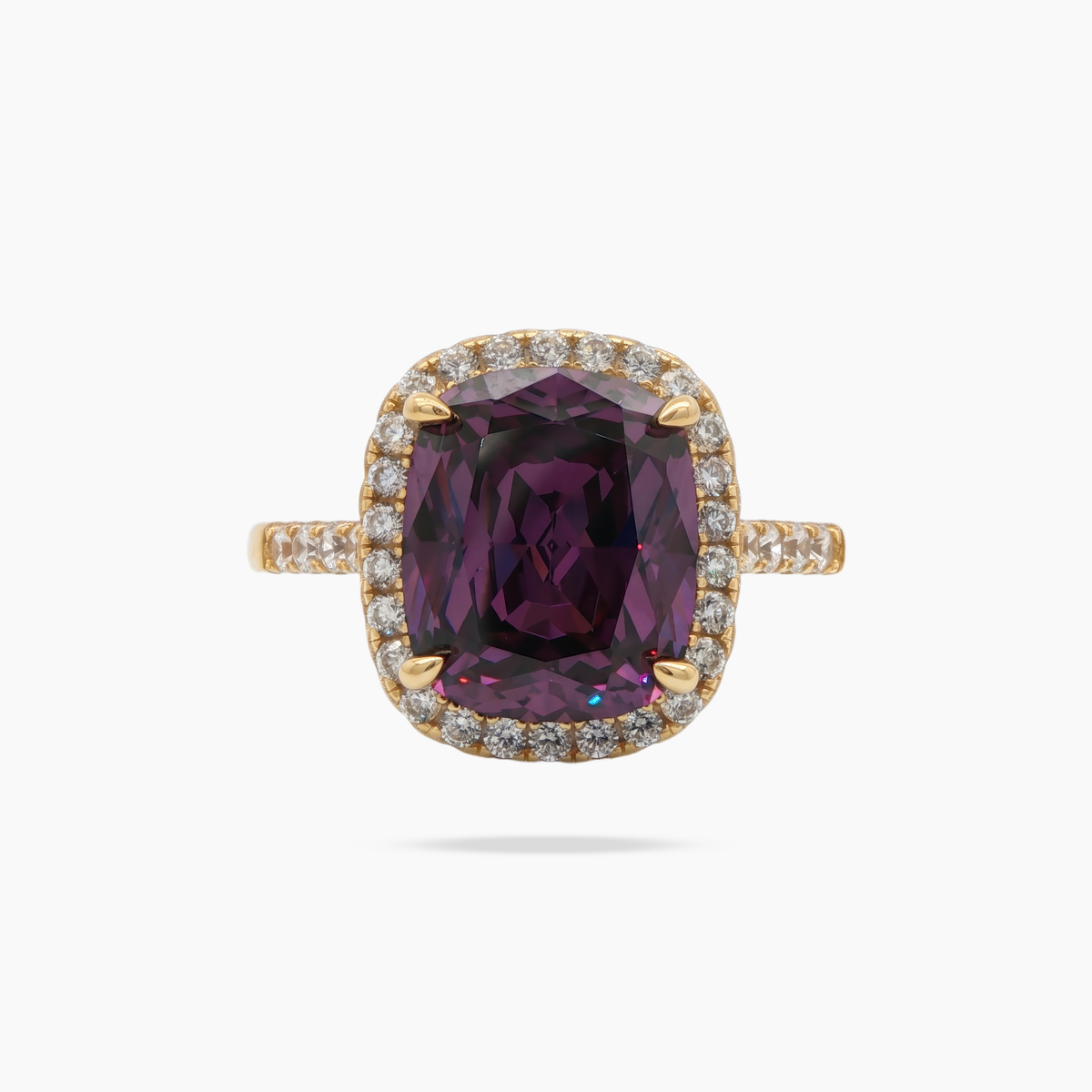 Amethyst Halo Ring with Purple Cushion Stone – on Yellow Gold