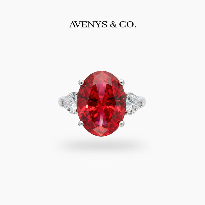 Oval Trilogy Pear Ring with Red Oval Stone – on White Gold