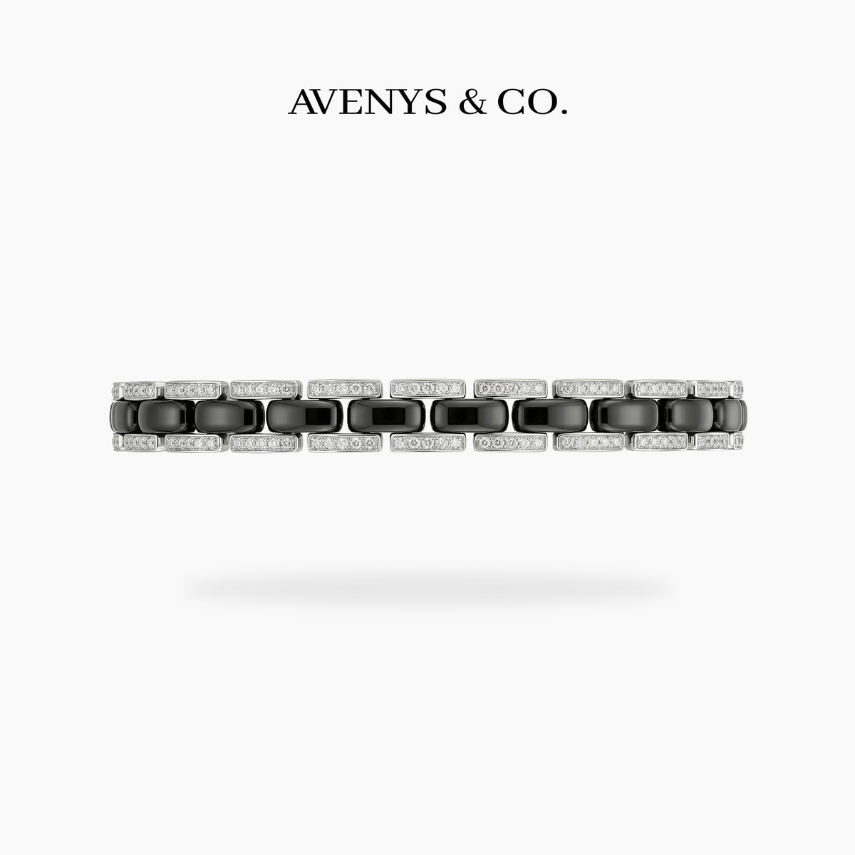 Connected Bracelet with Black Round Stone – on White Gold