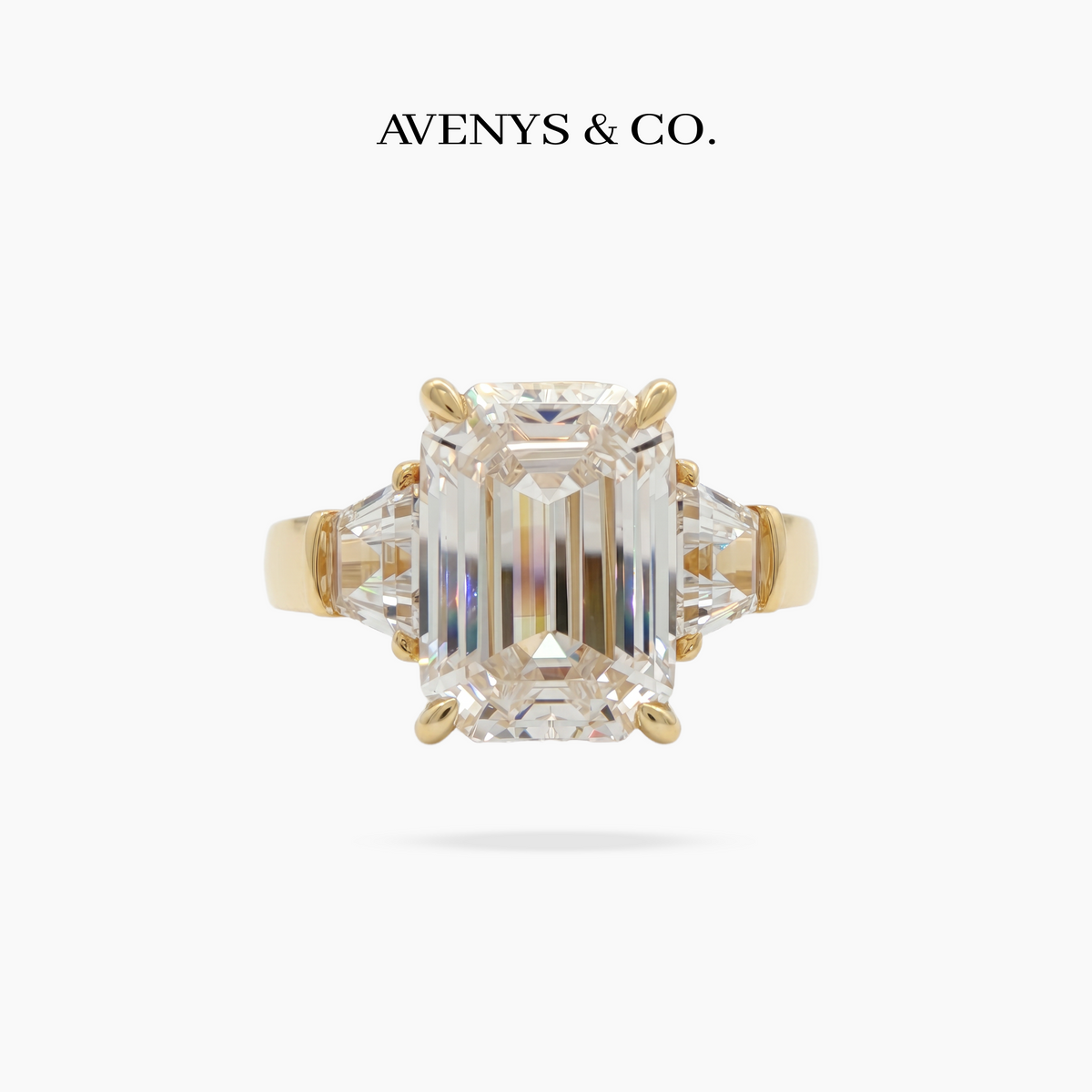 Trilogy Ring with White Emerald Stone – on Yellow Gold