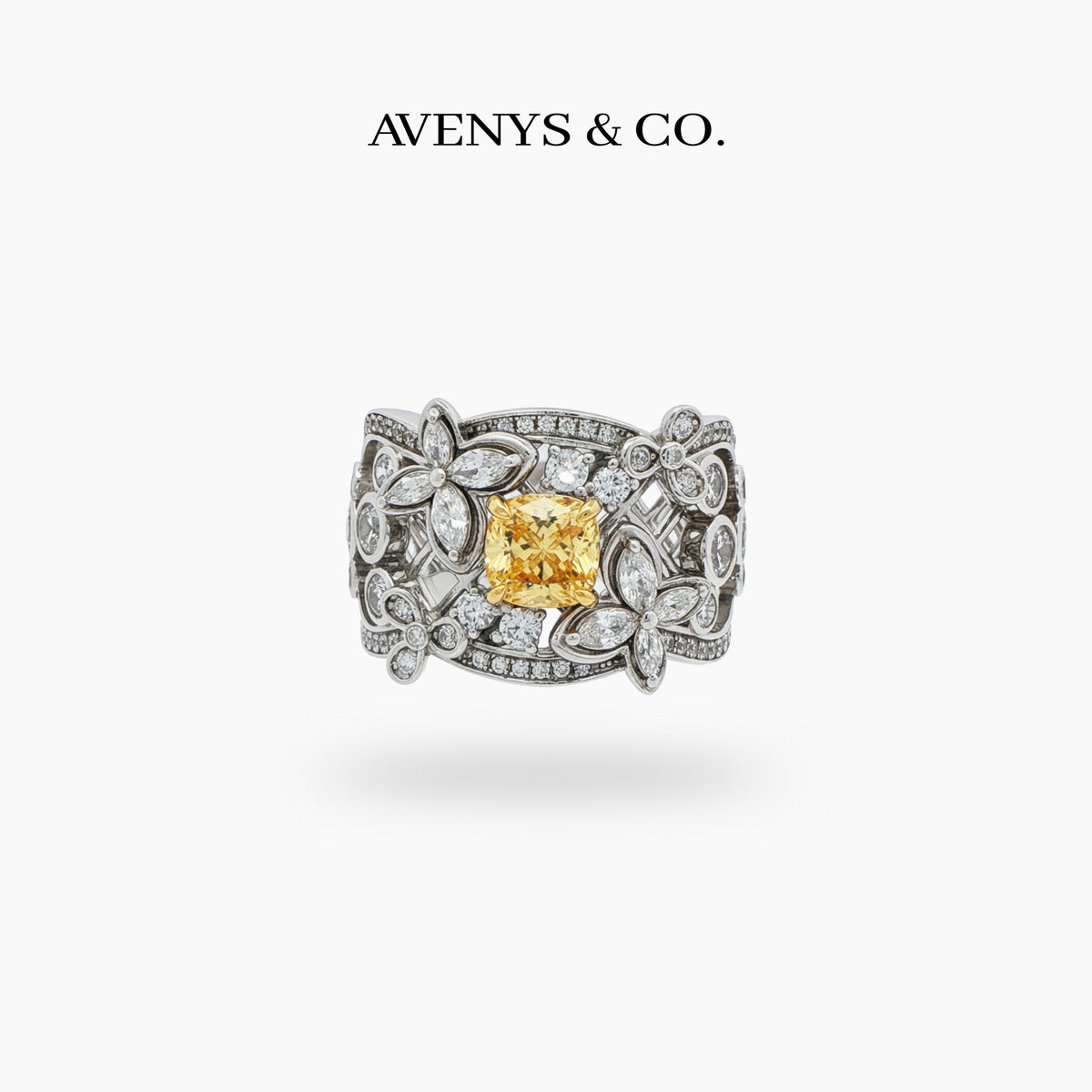 Summer Floral Ring with Yellow Cushion Stone – on White Gold