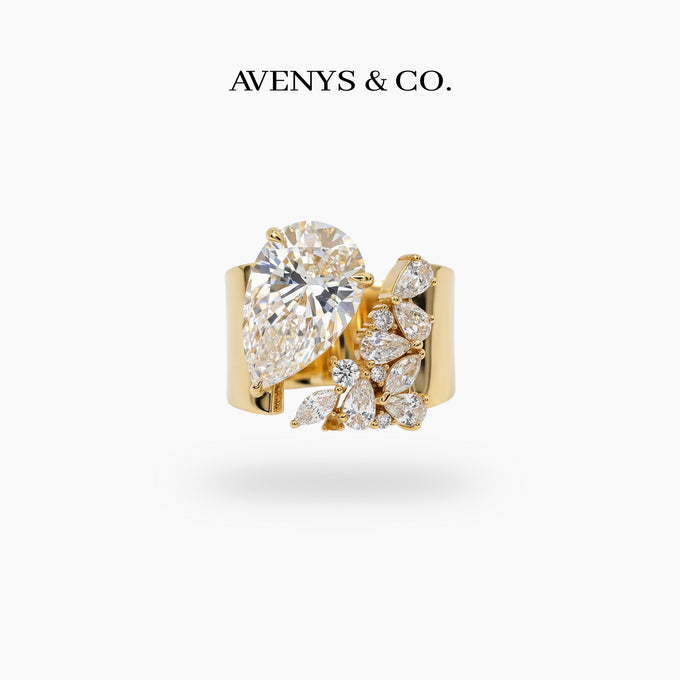 Valence Wide Cuff Ring with White Pear Stone – on Yellow Gold