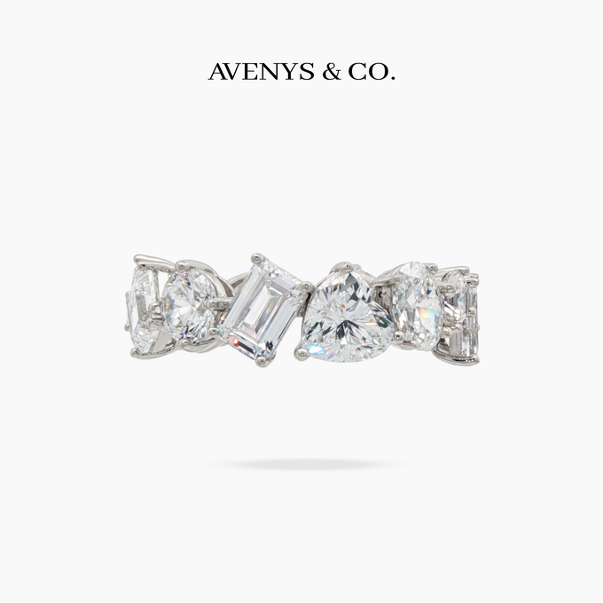 Mixed Cut Ring with White Round Stone – on White Gold