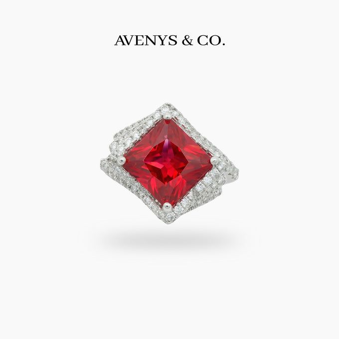 Side Radiant Ring with Red Radiant Stone – on White Gold