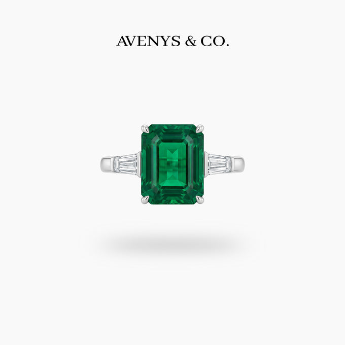 Radiant Trilogy Ring with Green Radiant Stone – on White Gold