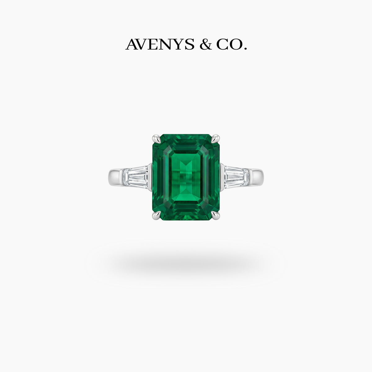 Radiant Trilogy Ring with Green Radiant Stone – on White Gold