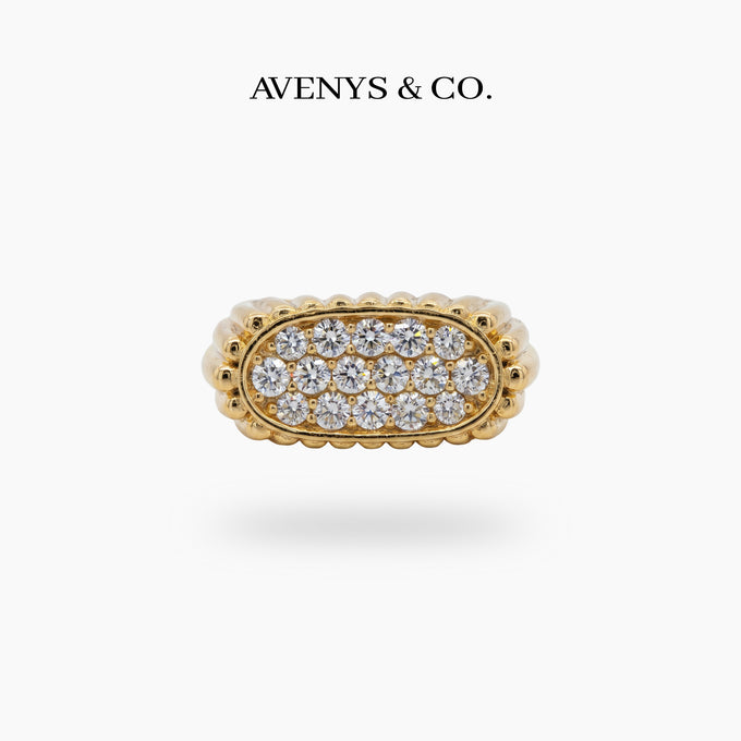 Pave Signet Ring with White Round Stone – on Yellow Gold