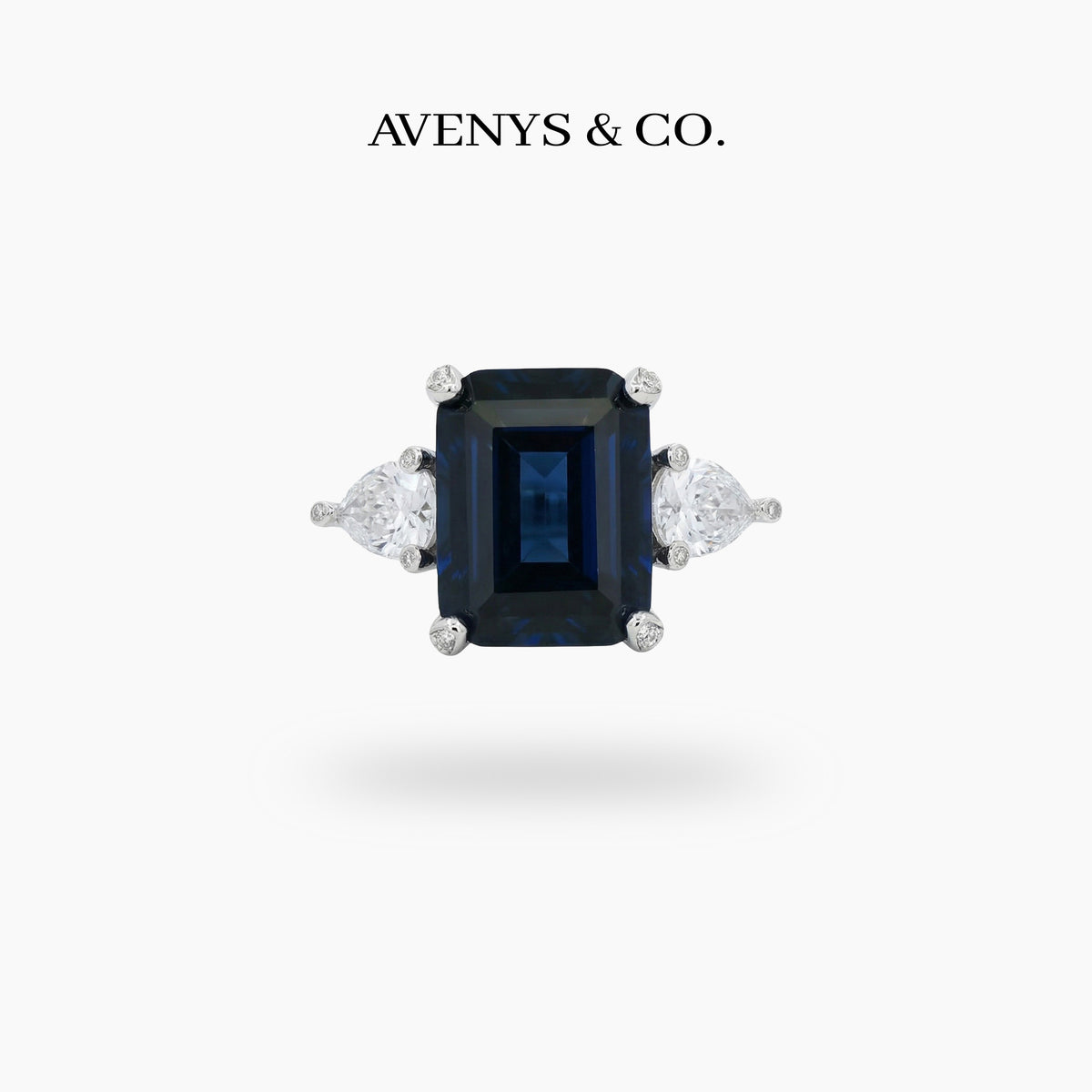 Emerald Pear Trilogy Ring with Blue Emerald Stone – on White Gold