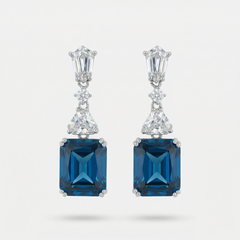Radiant Drop Earrings with Blue Radiant Stone – on White Gold