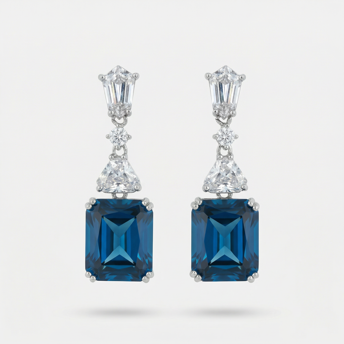Radiant Drop Earrings with Blue Radiant Stone – on White Gold