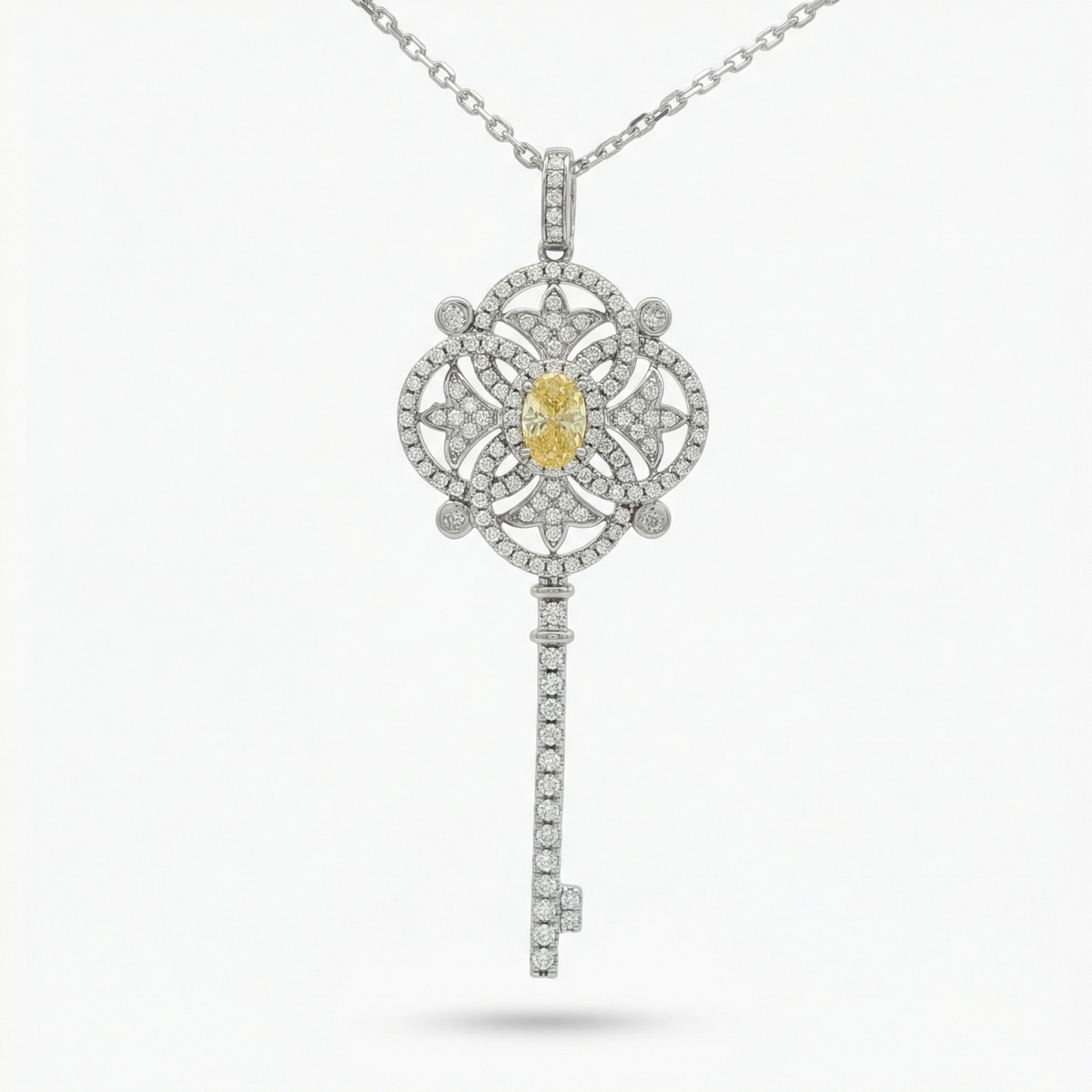 Key Necklace with White Round Stone – on White Gold