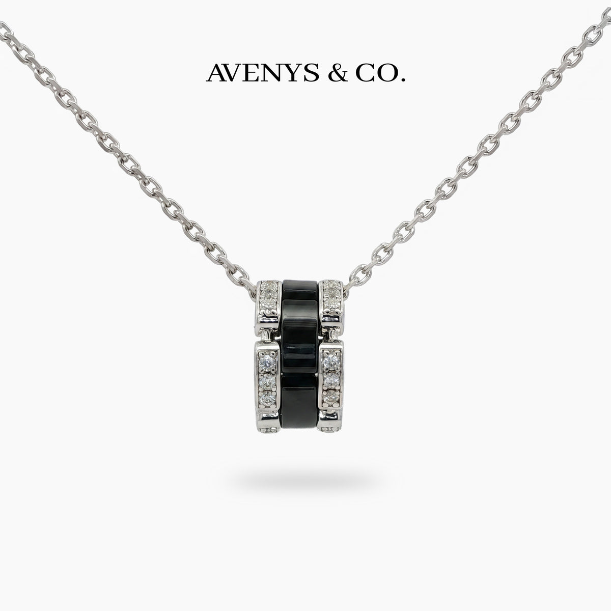 Connected Necklace with Black Round Stone – on White Gold