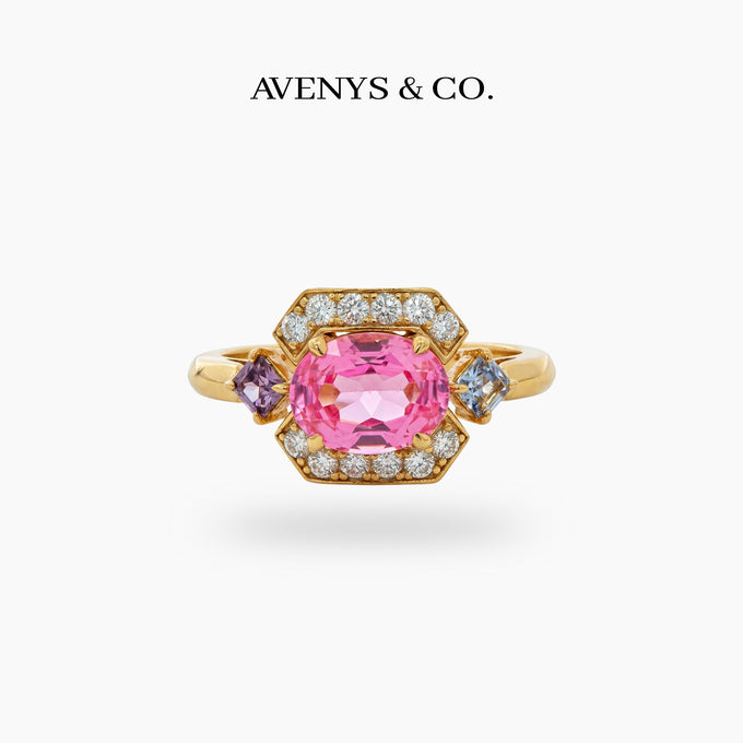 Octavia Halo Ring with Pink Oval Stone – on Yellow Gold