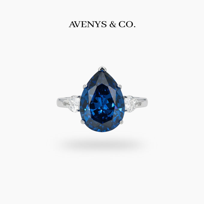 Pear Trilogy Ring with Blue Pear Stone – on White Gold