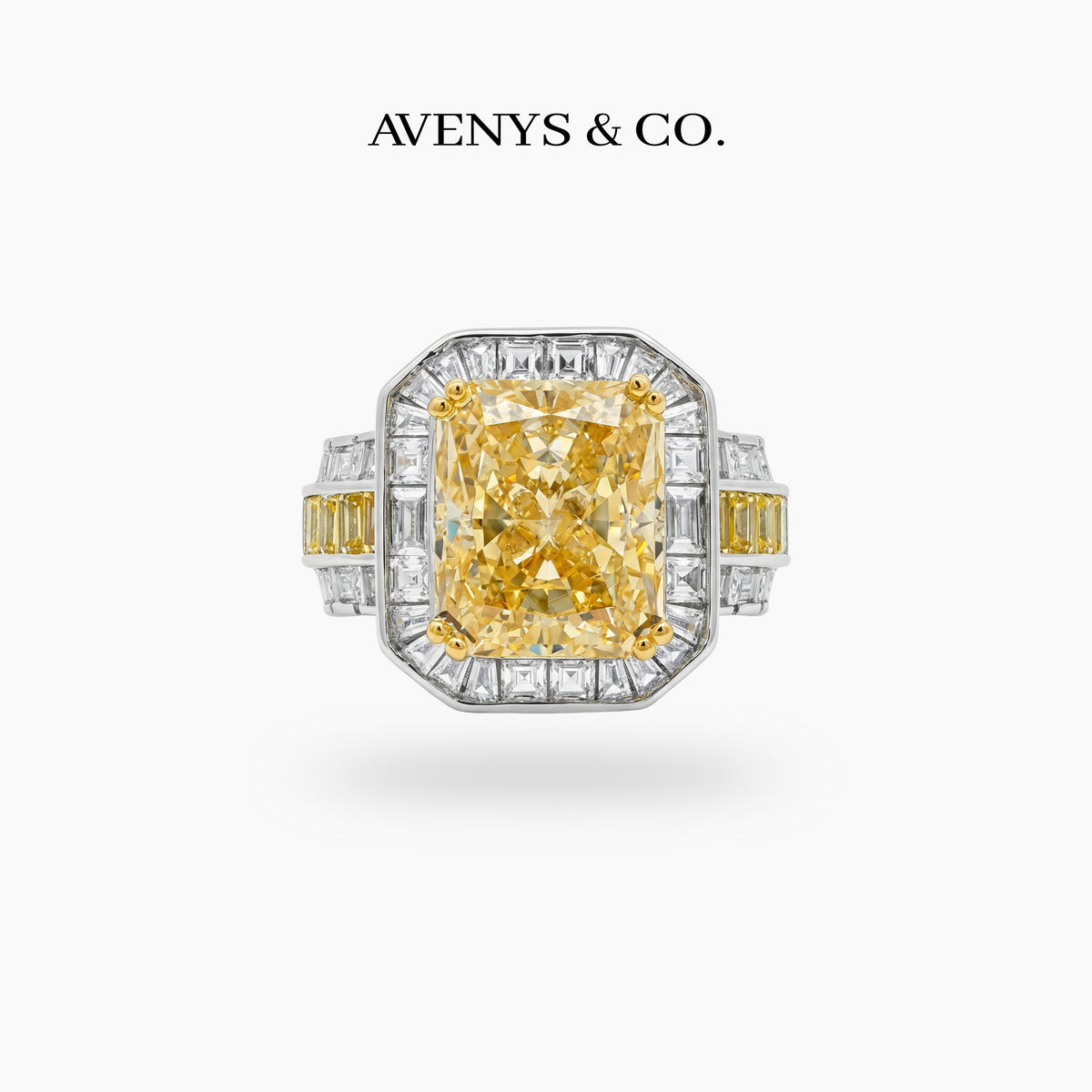 Radiant Halo Pave Ring with Yellow Round Stone – on White Gold