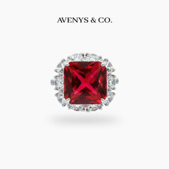 Princess Halo Ring with Red Princess Stone – on White Gold