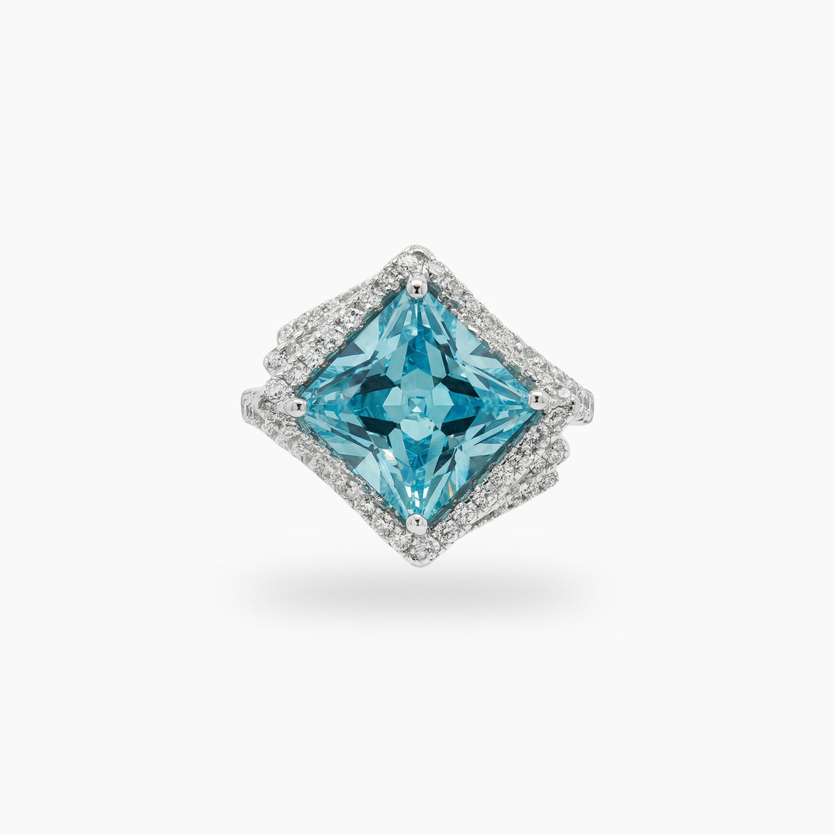 Side Radiant Ring with Aquamarine Radiant Stone – on White Gold