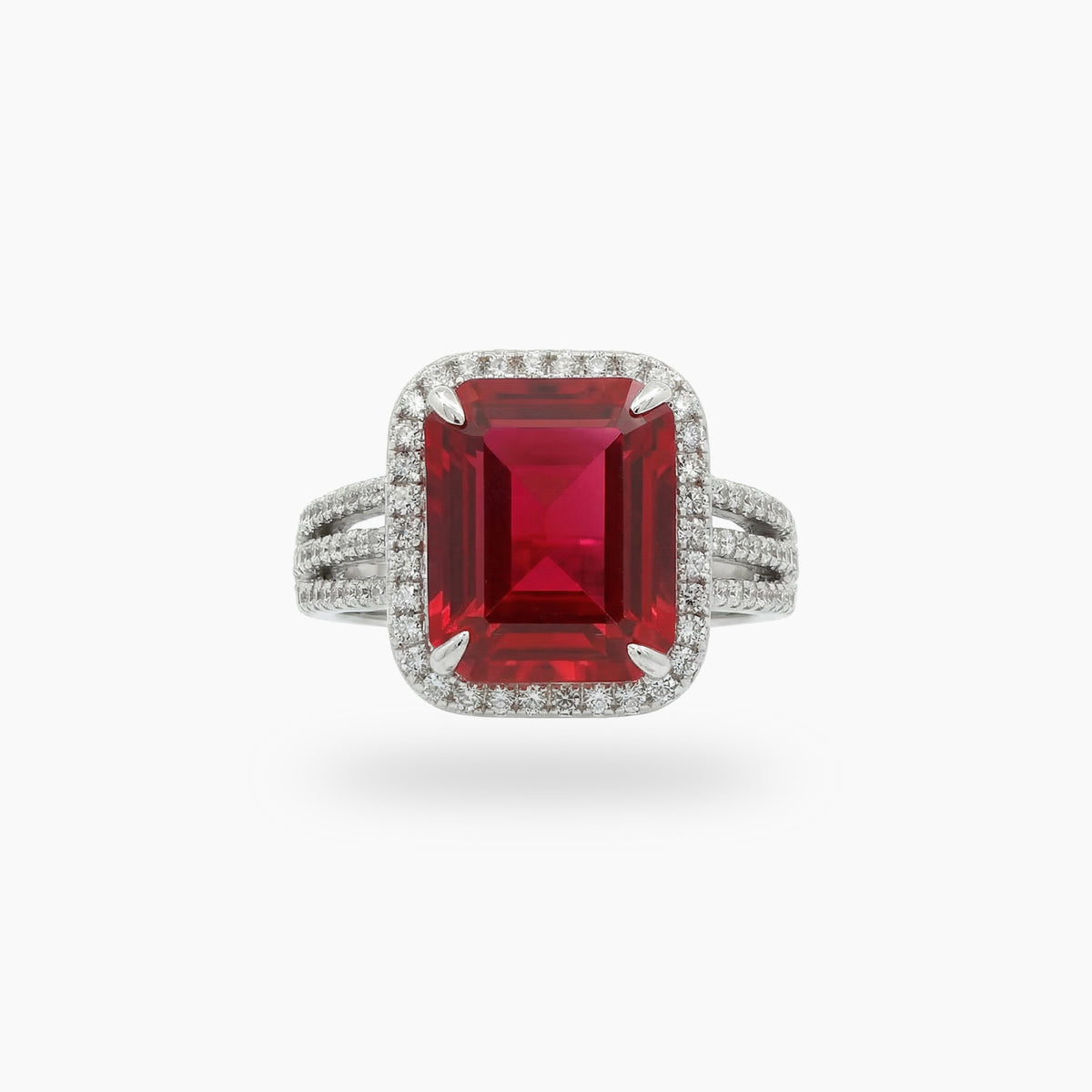 Triple Shank Radiant Ring with Red Radiant Stone – on White Gold
