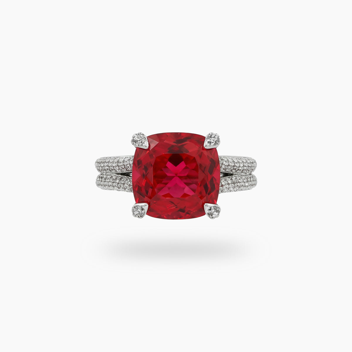 Double Shank Cocktail Ring with Red Cushion Garnet – on White Gold
