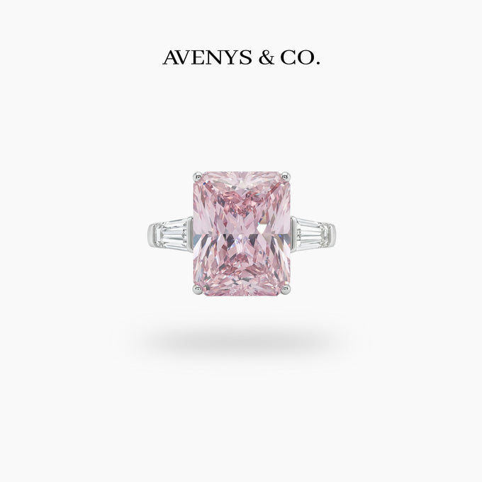 Radiant Trilogy Ring with Pink Radiant Stone – on White Gold