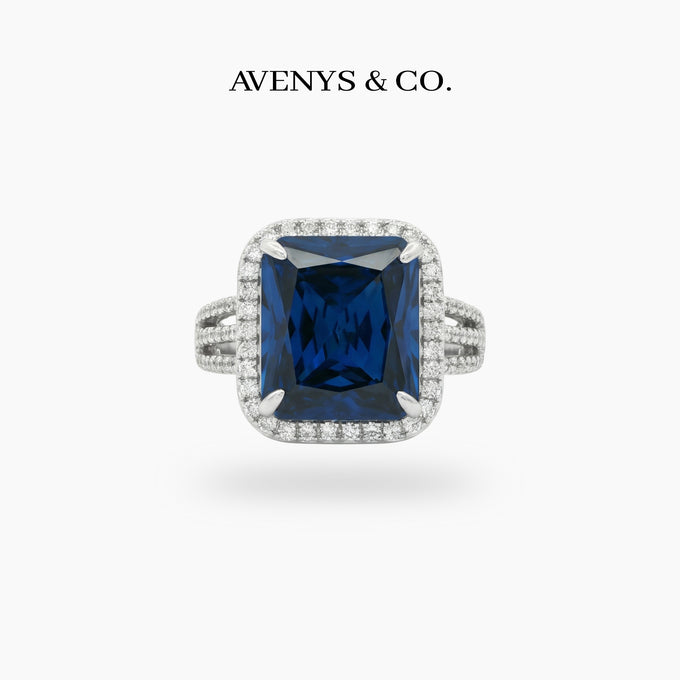 Triple Shank Radiant Ring with Blue Radiant Stone – on White Gold
