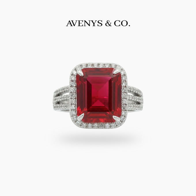 Triple Shank Radiant Ring with Red Radiant Stone – on White Gold