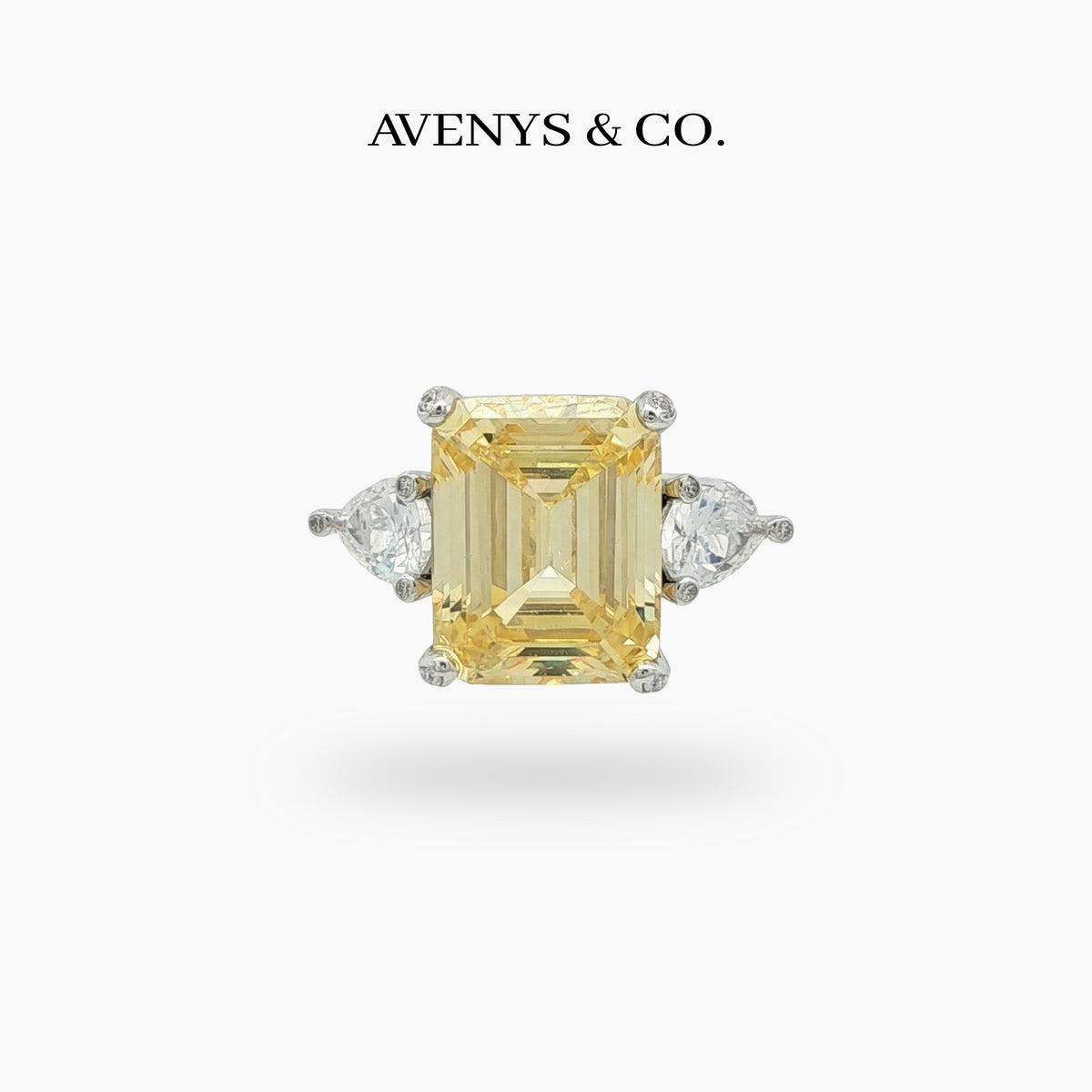 Emerald Pear Trilogy Ring with Yellow Emerald Stone – on White Gold