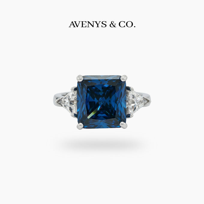 Square Radiant Ring with Blue Radiant Stone – on White Gold