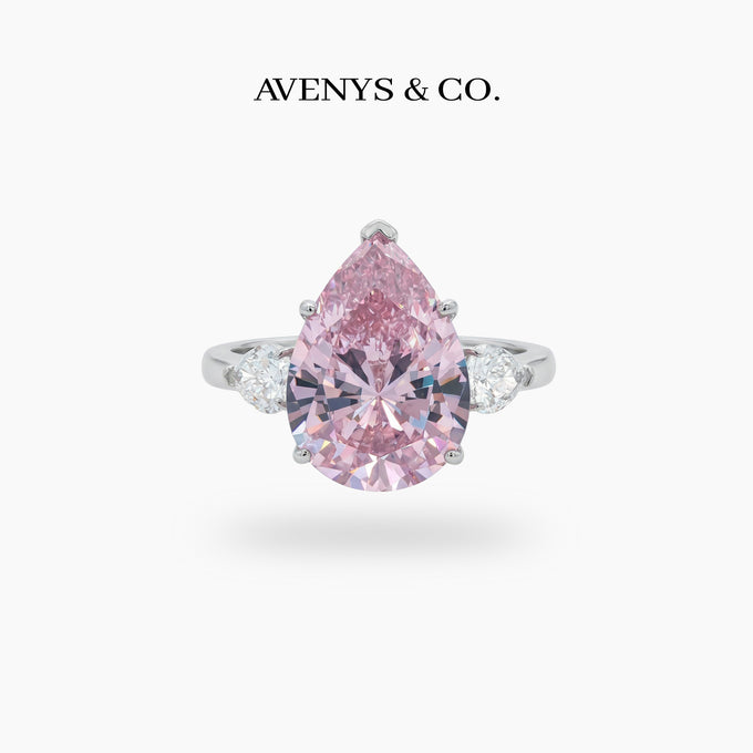 Pear Trilogy Ring with Pink Pear Stone – on White Gold
