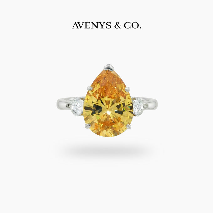 Pear Trilogy Ring with Yellow Pear Stone – on White Gold