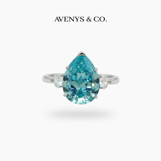 Pear Trilogy Ring with Aquamarine Pear Stone – on White Gold